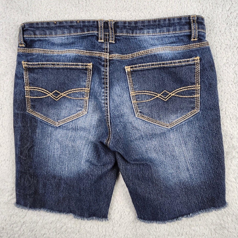 Mudd Denim Shorts Womens 11 Blue Raw Hem Whiskering Mid Rise Stretch Cut Offs - Picture 3 of 8
